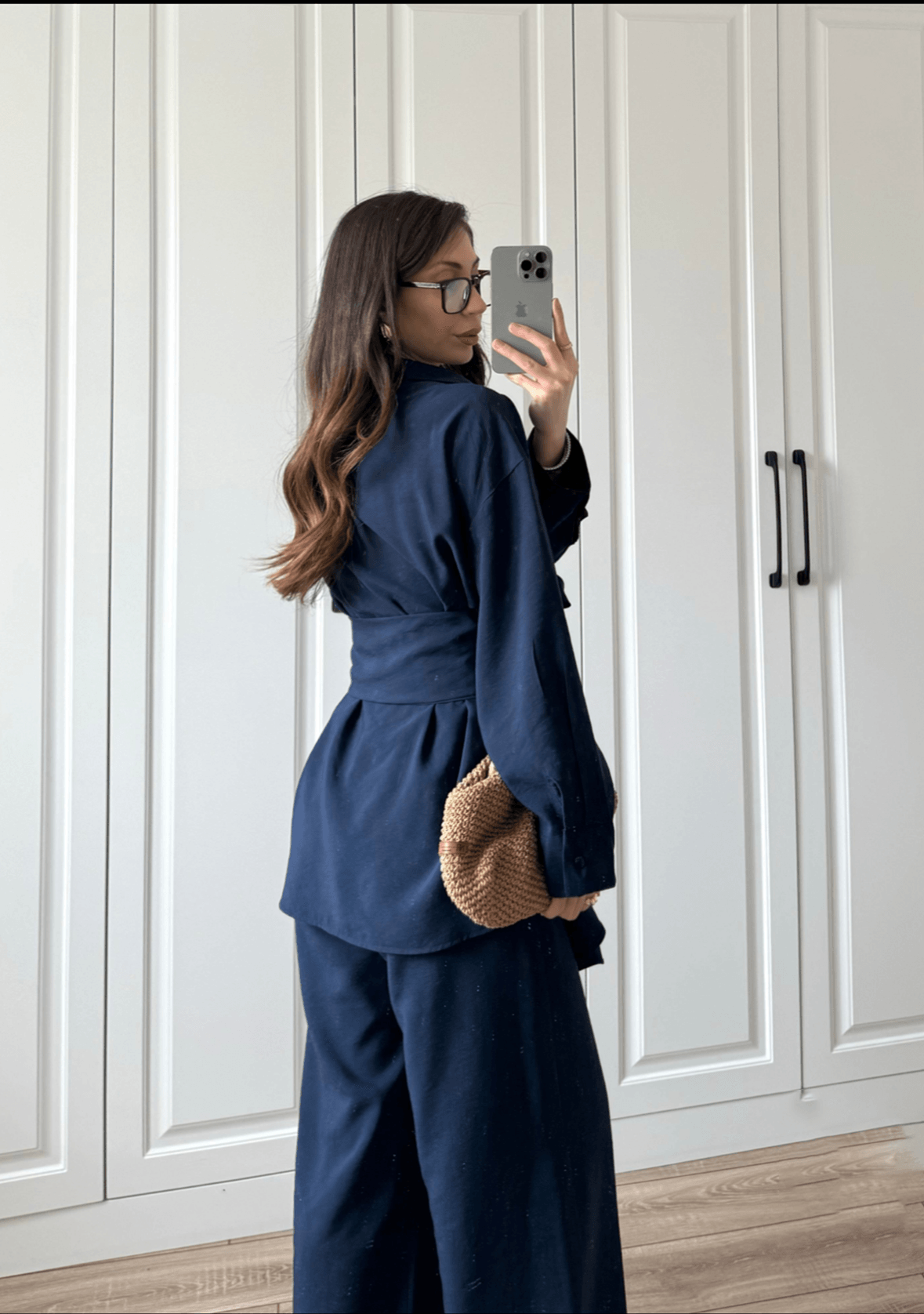 Cupro Belted Suit (Dark Navy Blue)