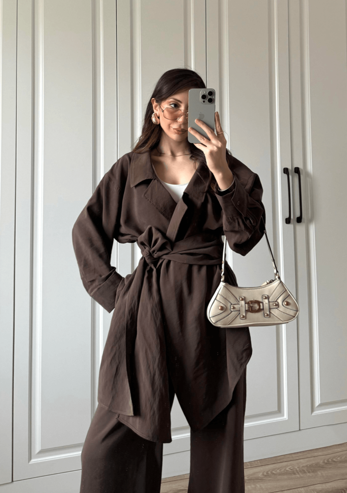 Cupro Belted Suit (Brown)