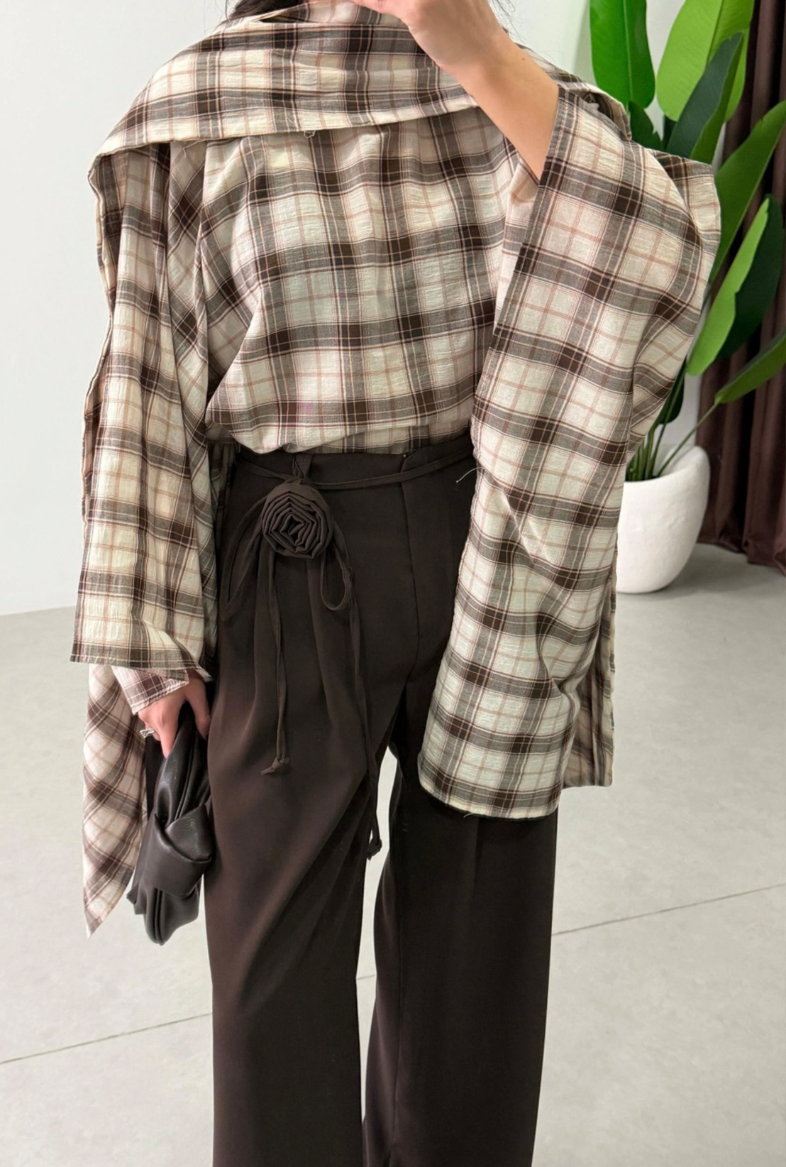 Checked Blouse with Scarf