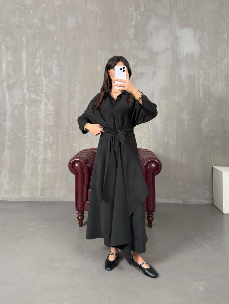Tie Waist Shirt Dress (Black)