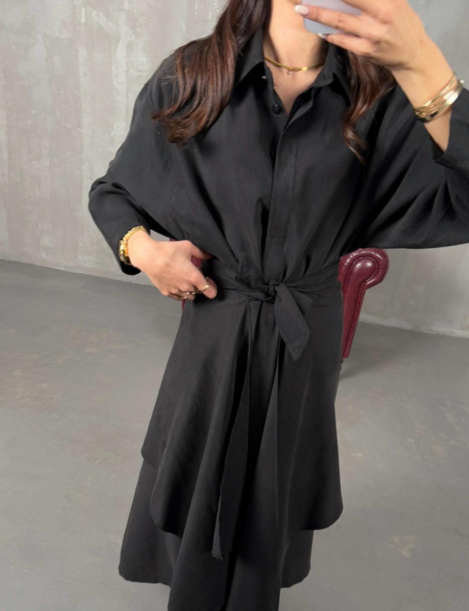 Tie Waist Shirt Dress (Black)