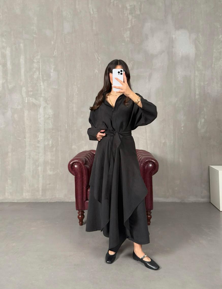 Tie Waist Shirt Dress (Black)