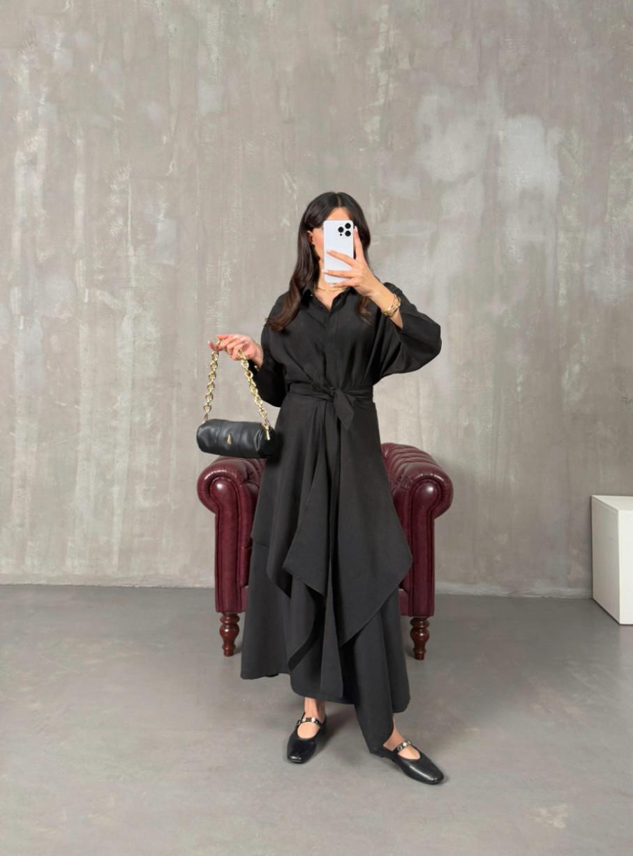 Tie Waist Shirt Dress (Black)