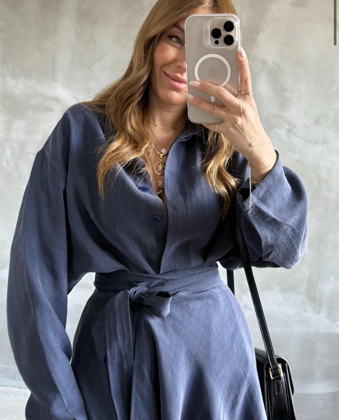 Tie Waist Shirt Dress (Dark Navy Blue)