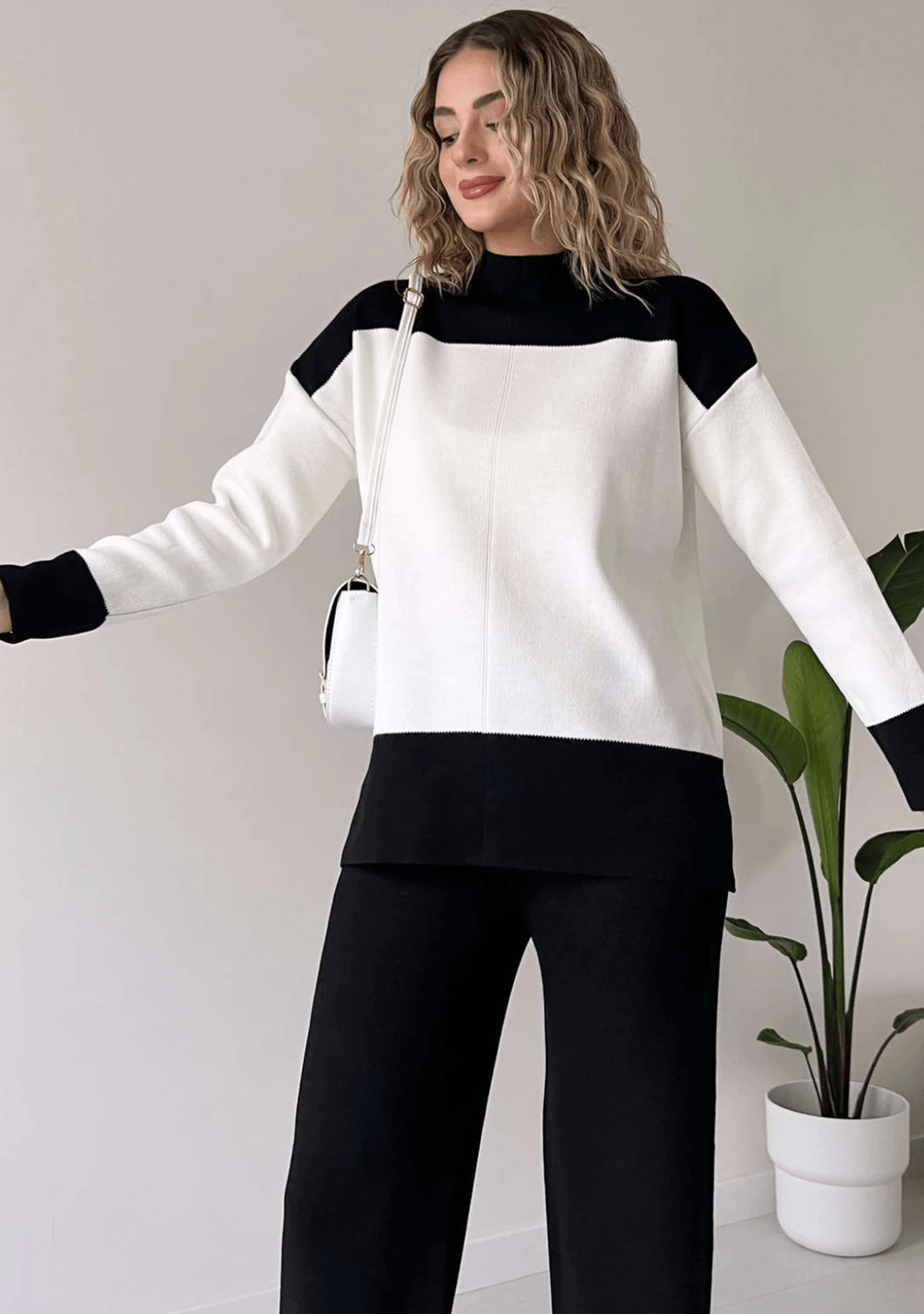 Wide Striped Knitwear Set -Black and white