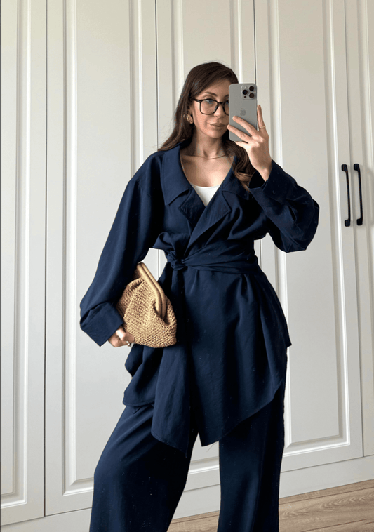 Cupro Belted Suit (Dark Navy Blue)