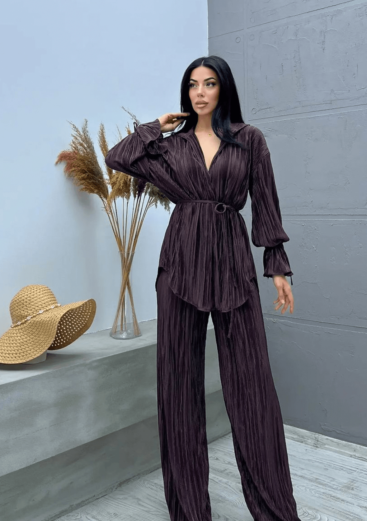 Summer Best Seller Pleated Suit- Dark Brown