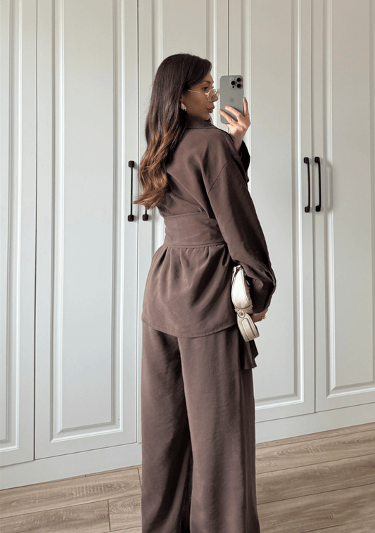 Cupro Belted Suit (Brown)