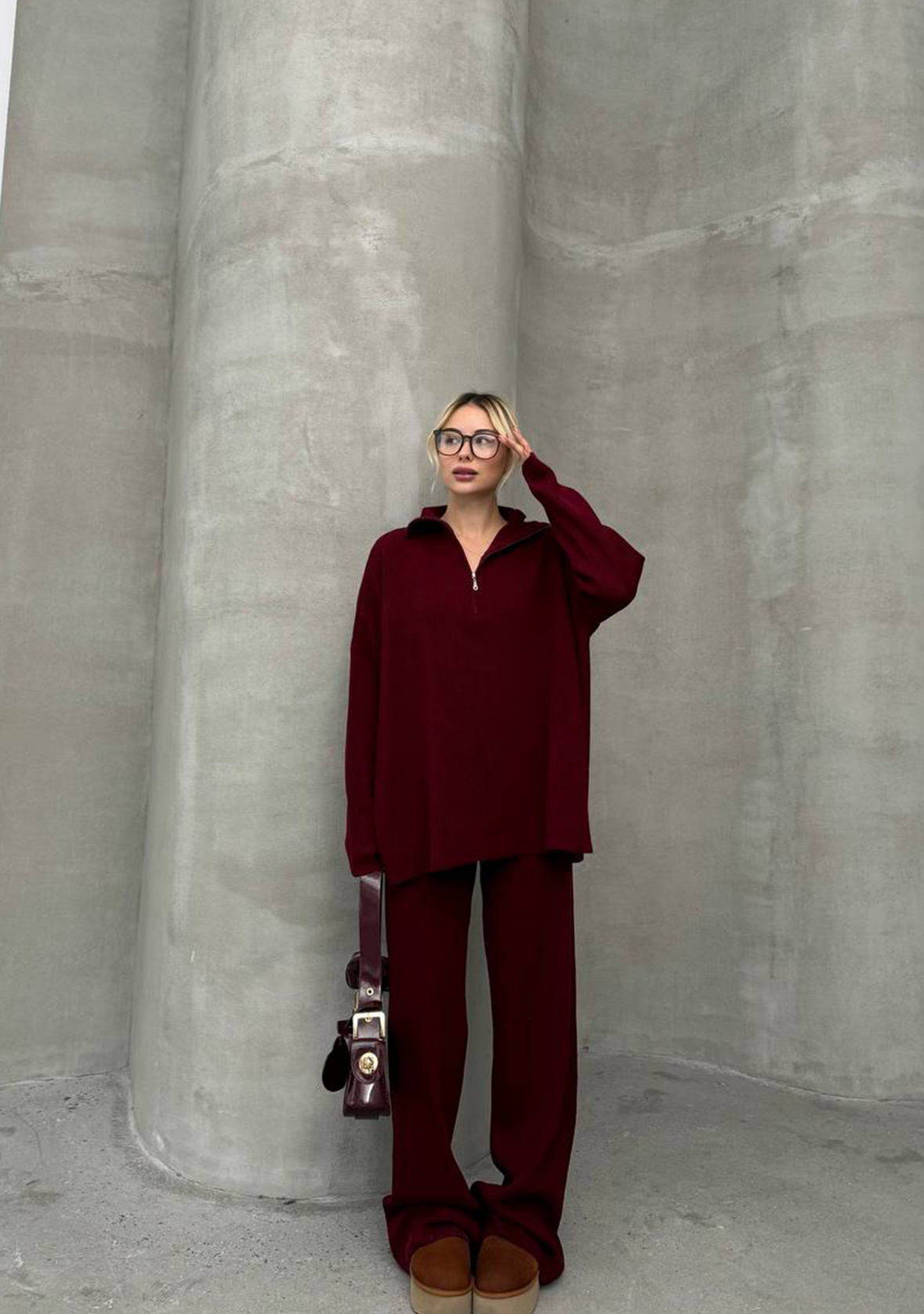 Oversized Zippered Knitwear Set - Burgundy