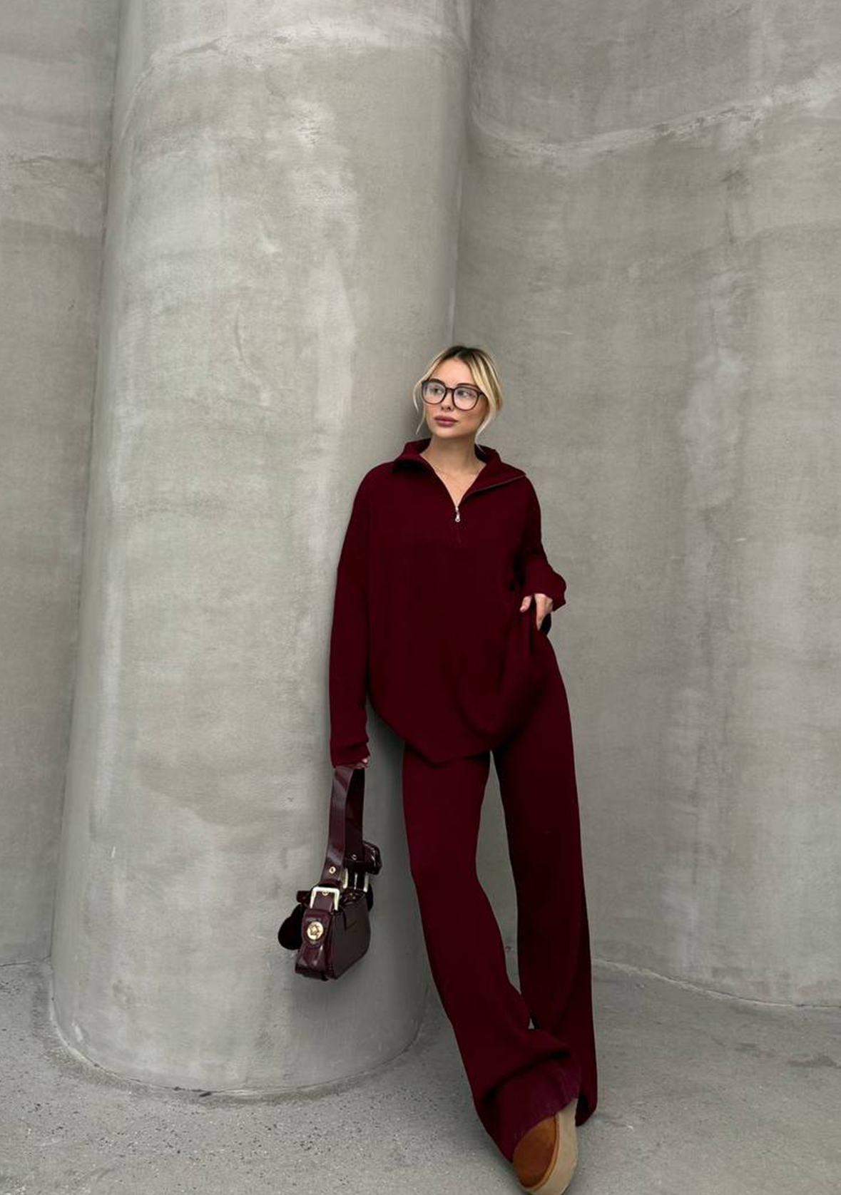 Oversized Zippered Knitwear Set - Burgundy