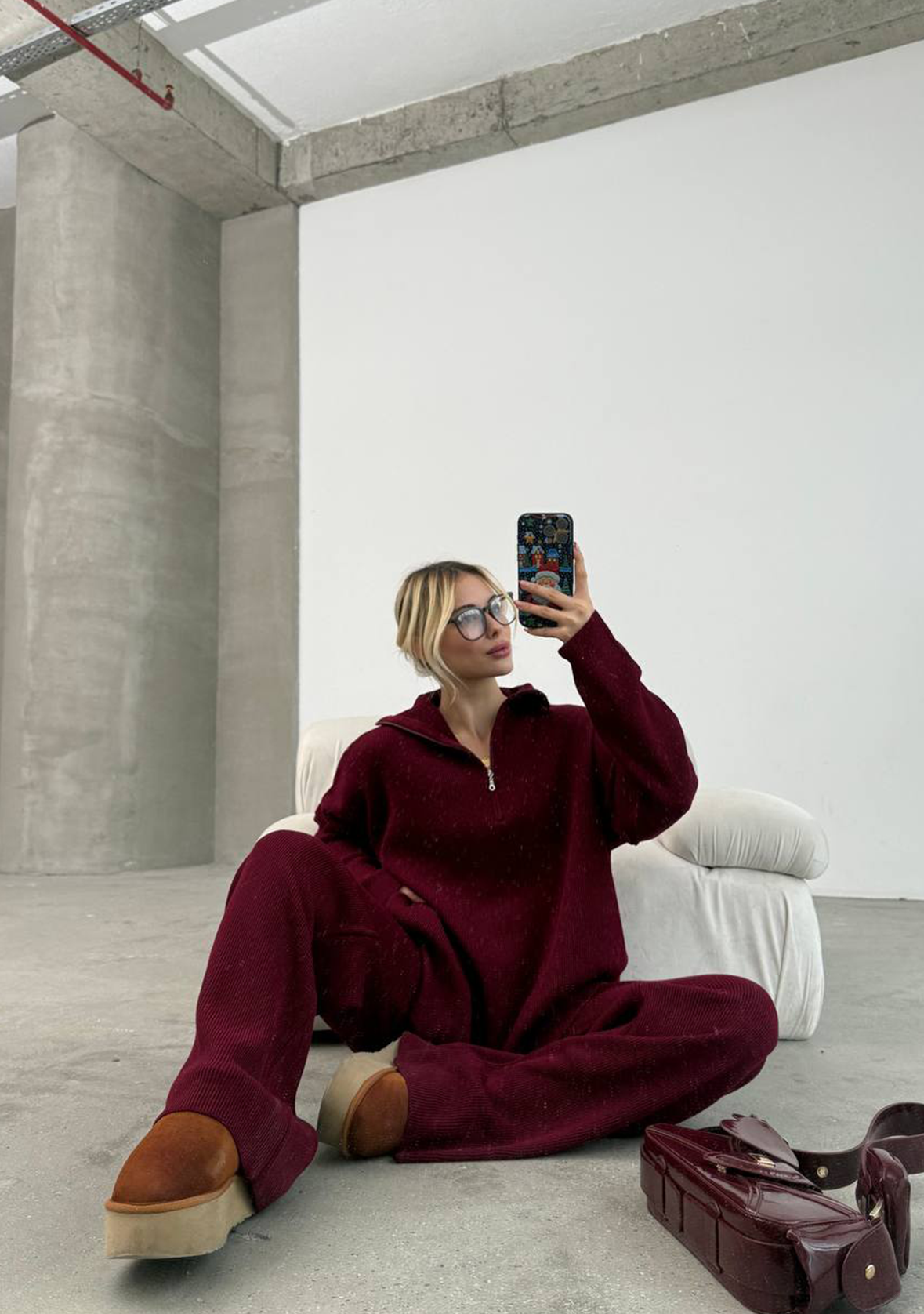 Oversized Zippered Knitwear Set - Burgundy