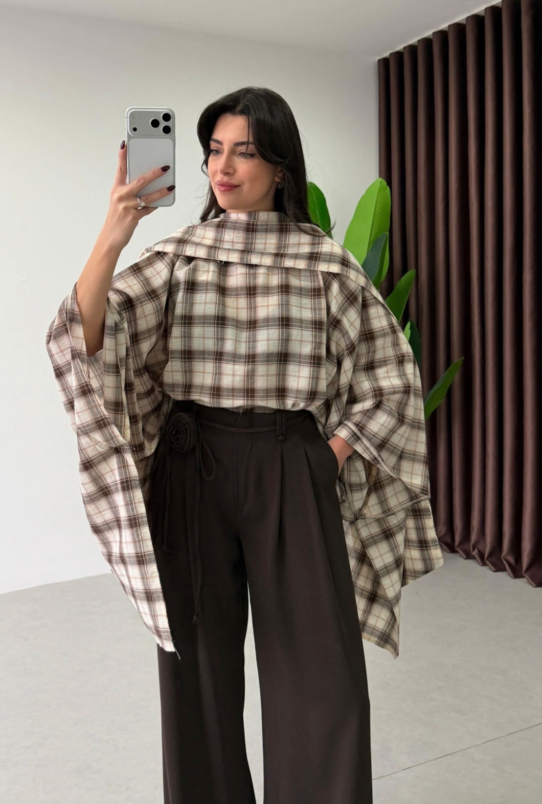 Checked Blouse with Scarf