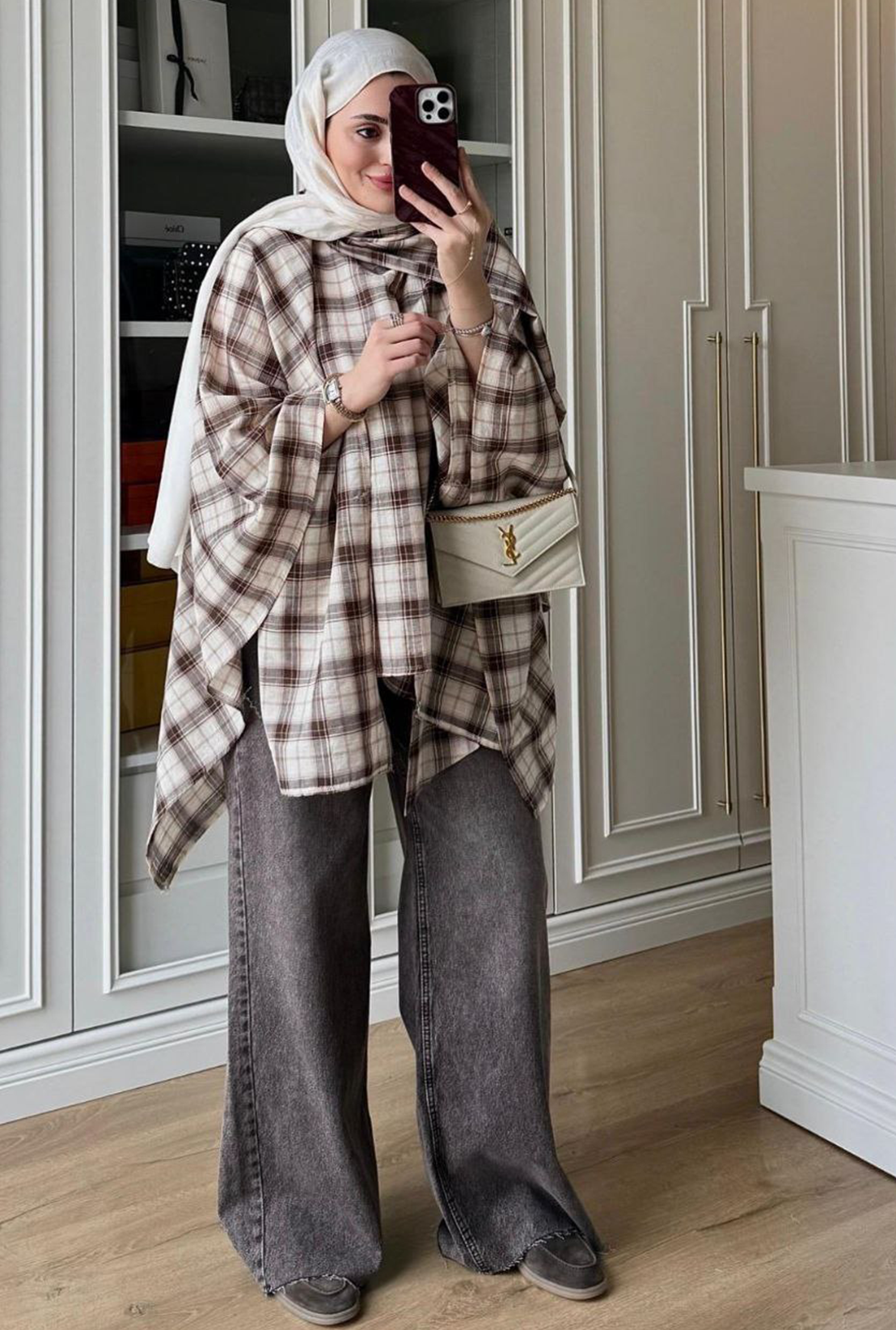 Checked Blouse with Scarf