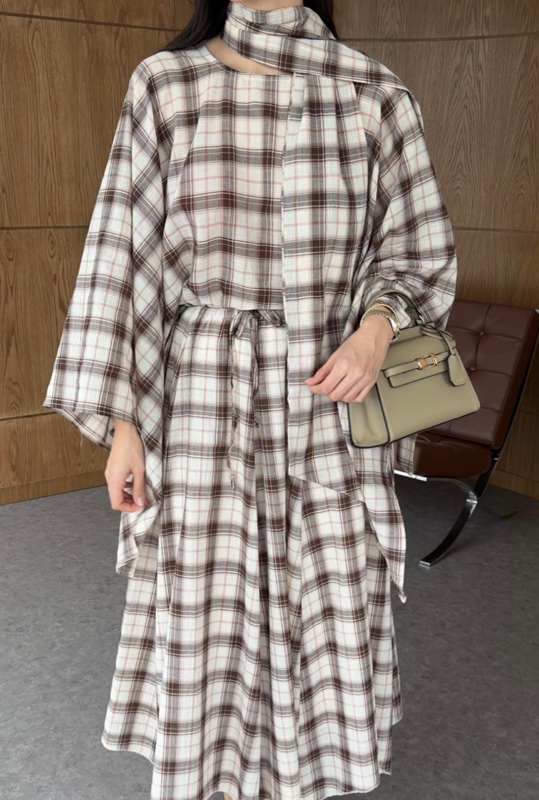 Checked Blouse And Scarf (Full Set)