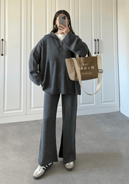 Oversized Zippered Knitwear Set - Gray