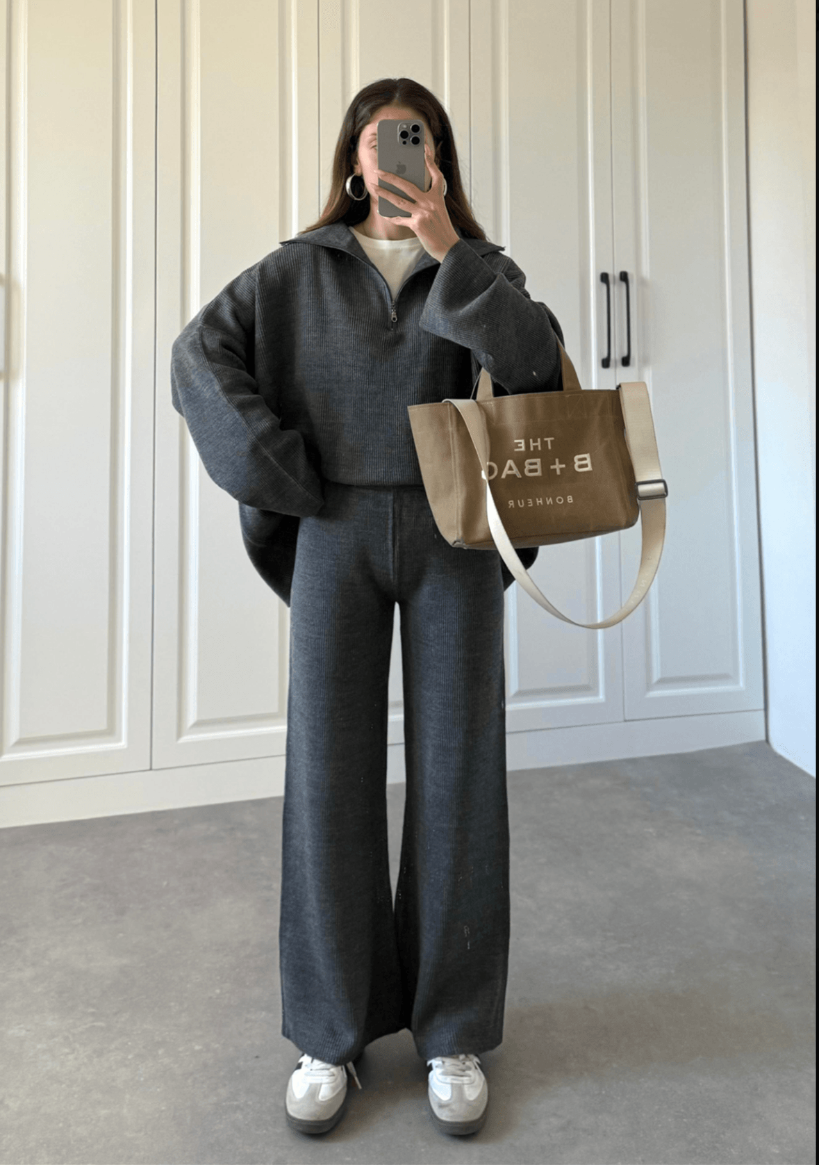 Oversized Zippered Knitwear Set - Gray