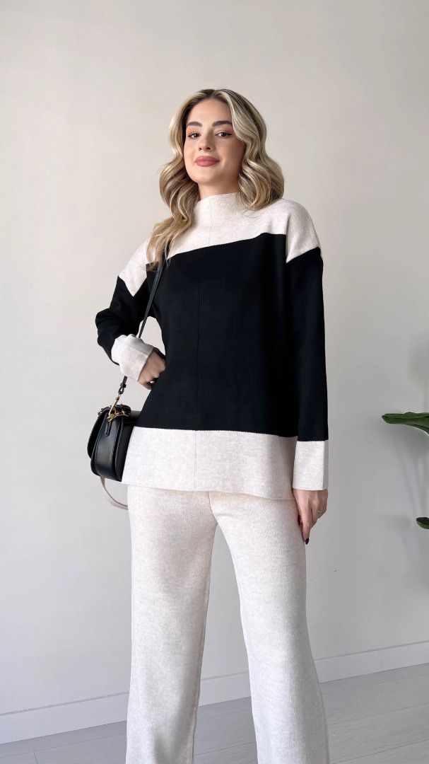 Wide Striped Knitwear Set -Beige and Black