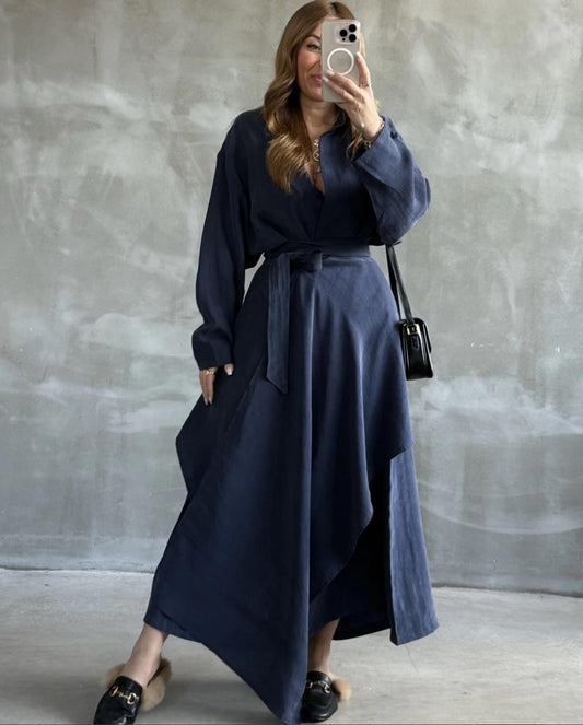 Tie Waist Shirt Dress (Dark Navy Blue)