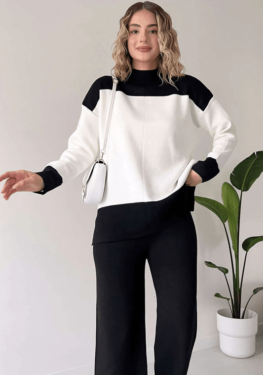 Wide Striped Knitwear Set -Black and white