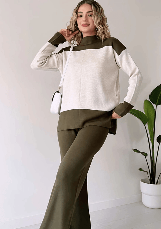 Wide Striped Knitwear Set -Olive