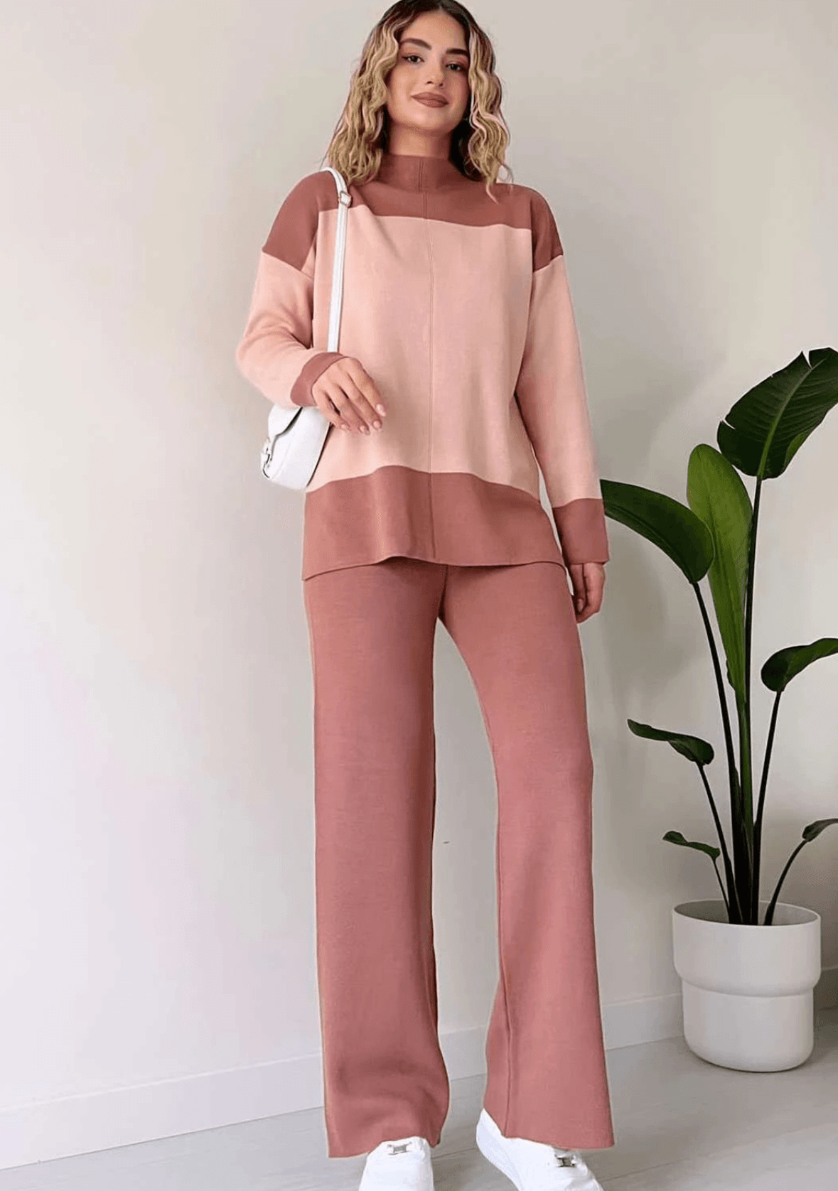 Wide Striped Knitwear Set -Pink