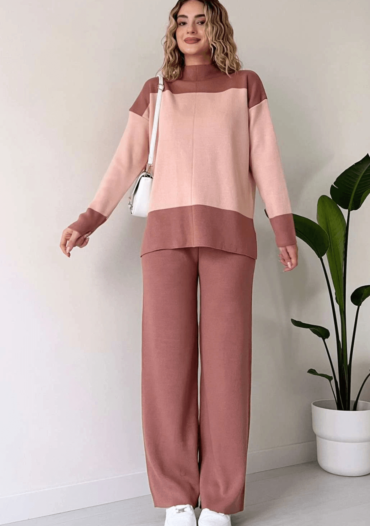 Wide Striped Knitwear Set -Pink