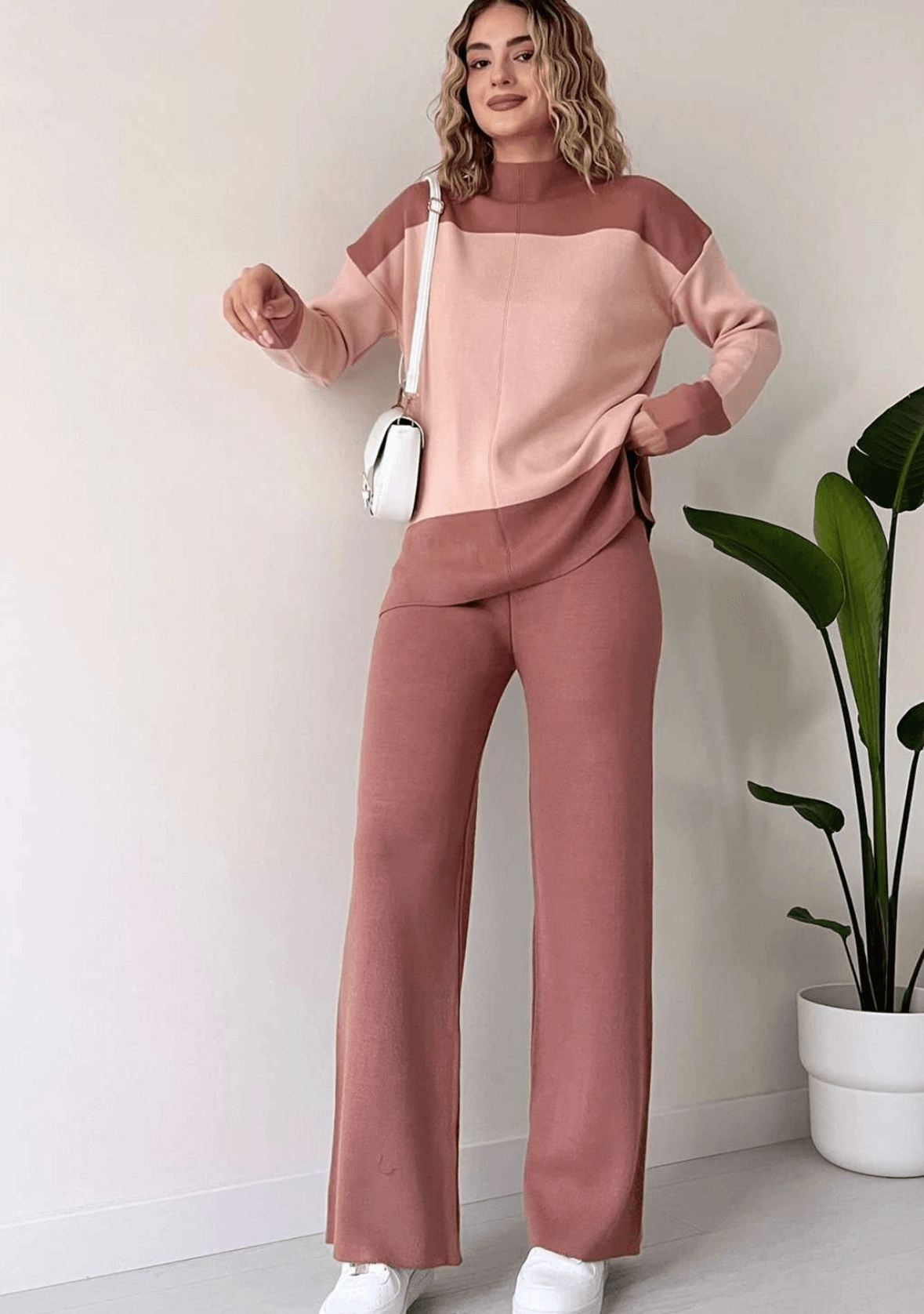 Wide Striped Knitwear Set -Pink