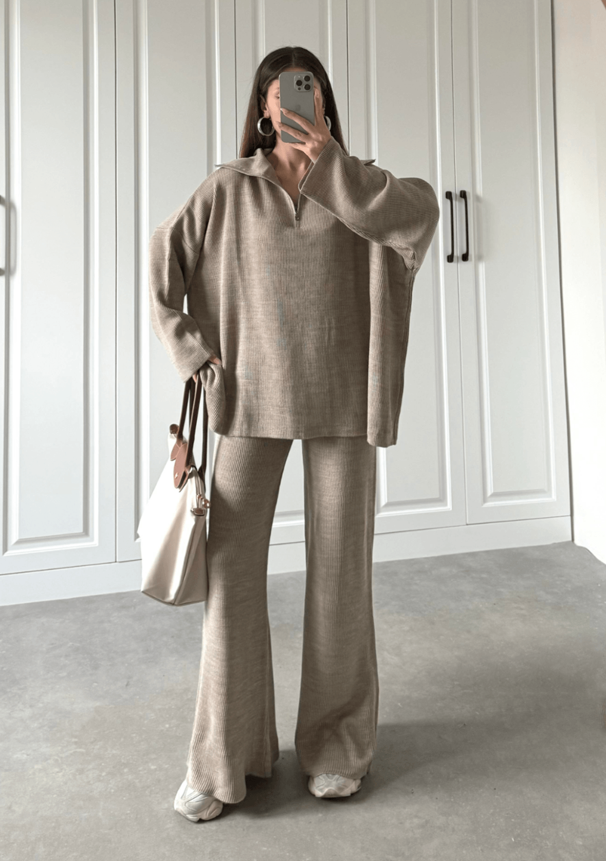 Oversized Zippered Knitwear Set - Beige