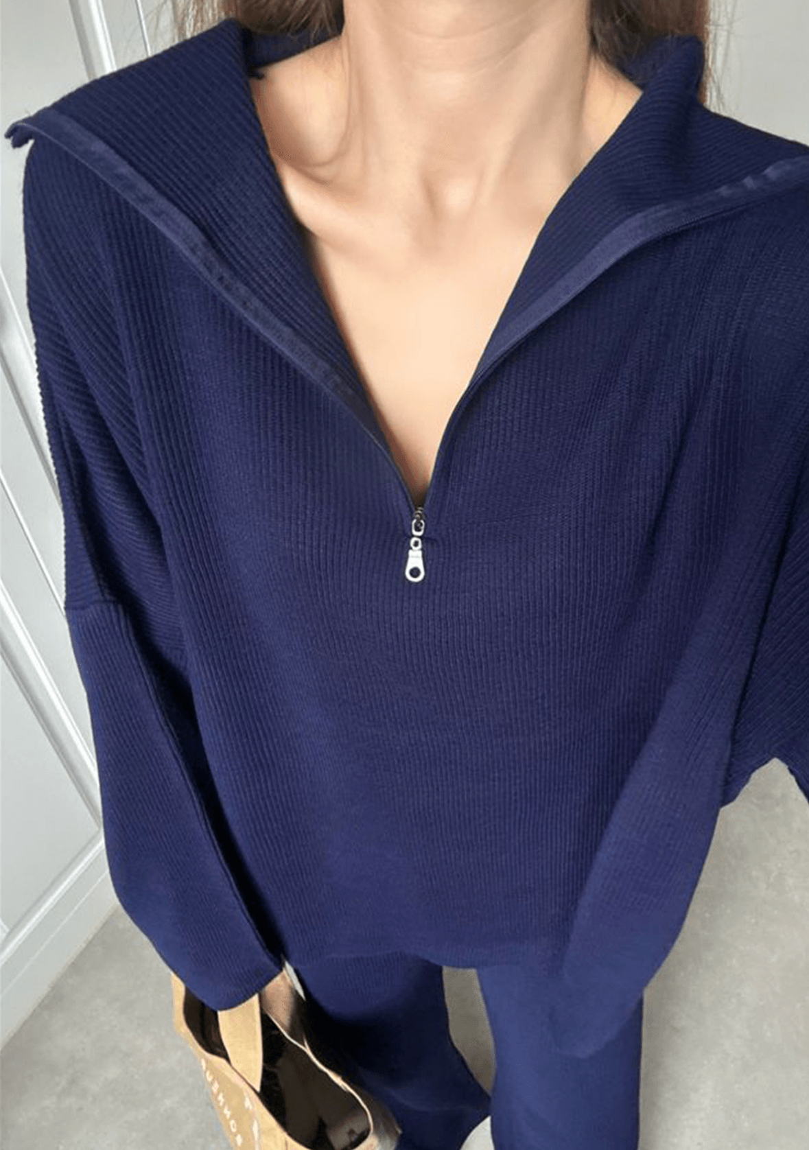 Oversized Zippered Knitwear Set - Dark Blue